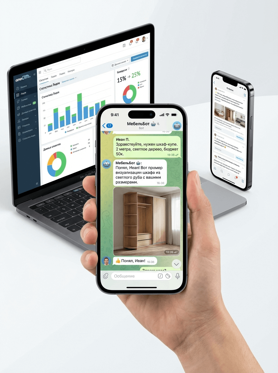 +25% конверсия через ИИ-воронку в TG, Мебельная компания (индивидуальное производство).